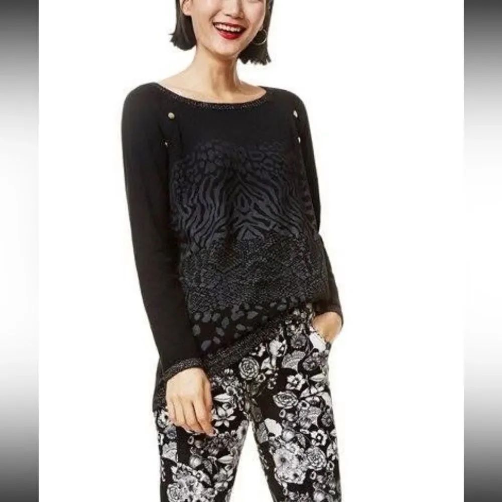 Desigual Animal Print Shimmer Crew Neck Pullover Sweater Size XL